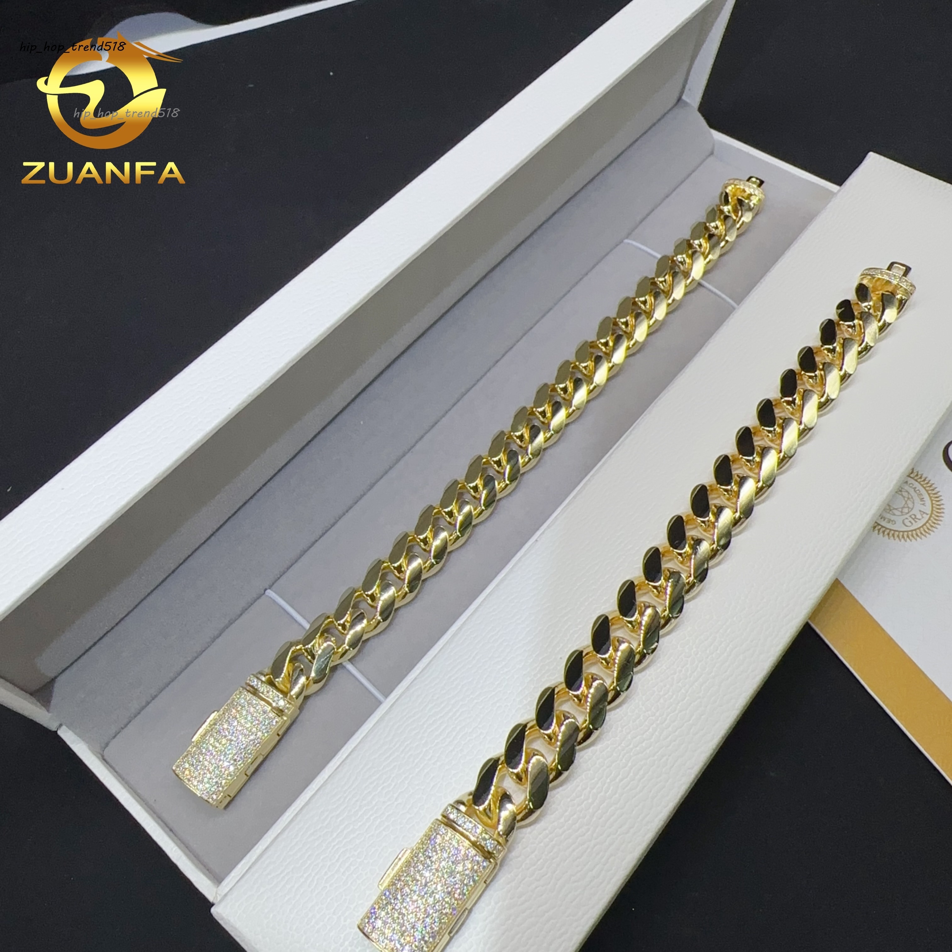 Hip hop real gold plated 12mm width bracelet 925 sterling silver fashion jewelry miami vvs moissanite plain cuban link bracelet