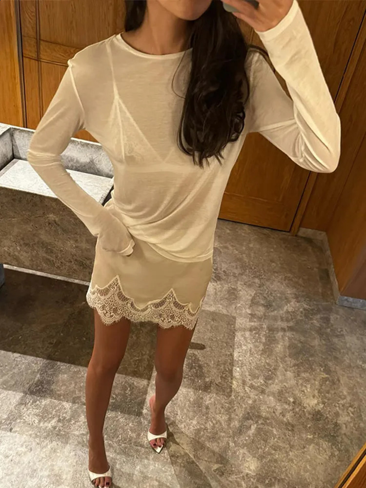 Elegant Lace Satin Spliced Mini Skirt Women High Waist Short Aline Skirts Female Summer Autumn Lady Party Bottoms 250905