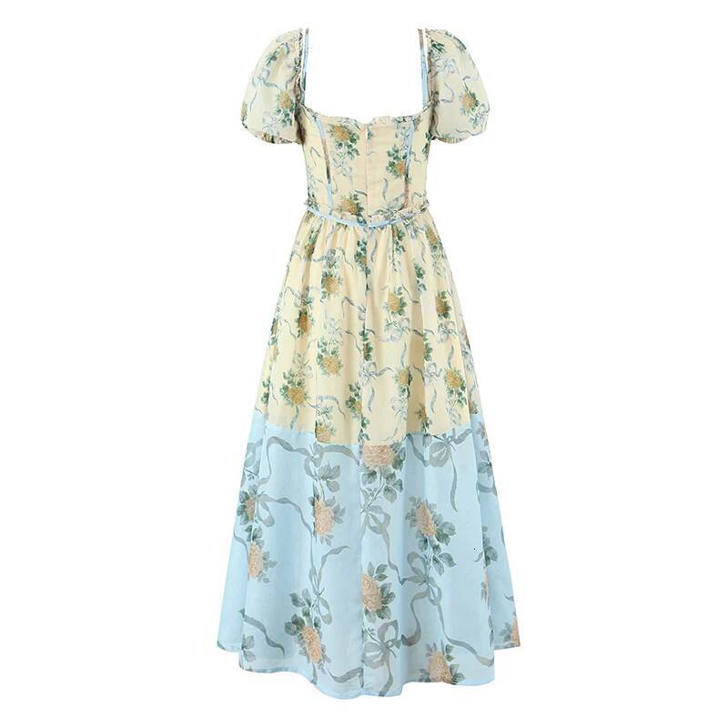 2025 design Decal Printed Bohemian Summer Dress Women's Retro Fluffy Sleeves A-line Midi Chiffon Dress Fashion Women's Vacation Robe Designe