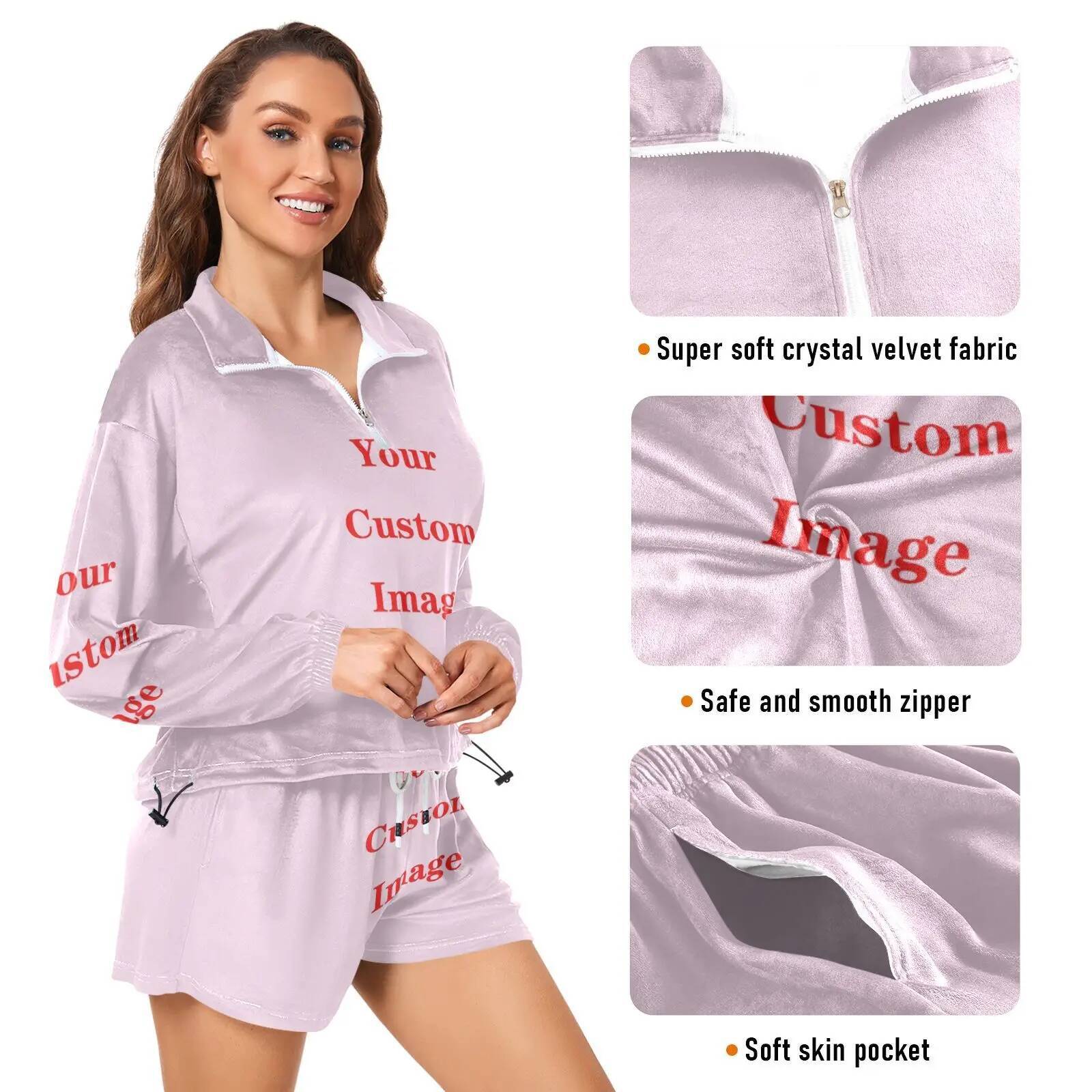 New Fashion Sporty Sweatsuits Ladies Two piece Zippered Cropped Hoodie and Shorts Suit Sportswear for Women Customized image