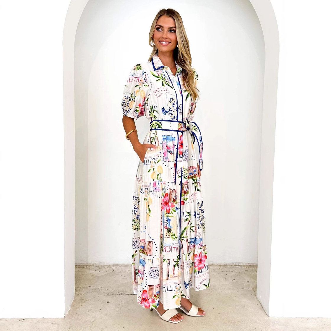 2025 Womens Cotton and Linen Floral Print Laceup Short Sleeve Dress