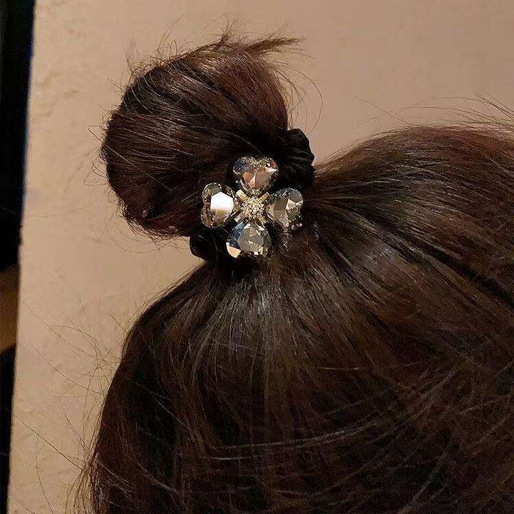 DHpet 2025 Korean Clover Rhinestone Hair Loop High Elastic Ponytail Hair Rope Simple Bun Hair Ring Fashion OL Versatile Hair Accessory Black/Brown