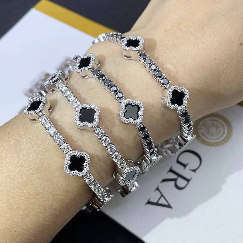 New Design 3mm 925 Sterling Silver Luxury Hip Hop Tennis Chain Bracelet Moissanite Diamond with Four Cleef Clover Pass Test