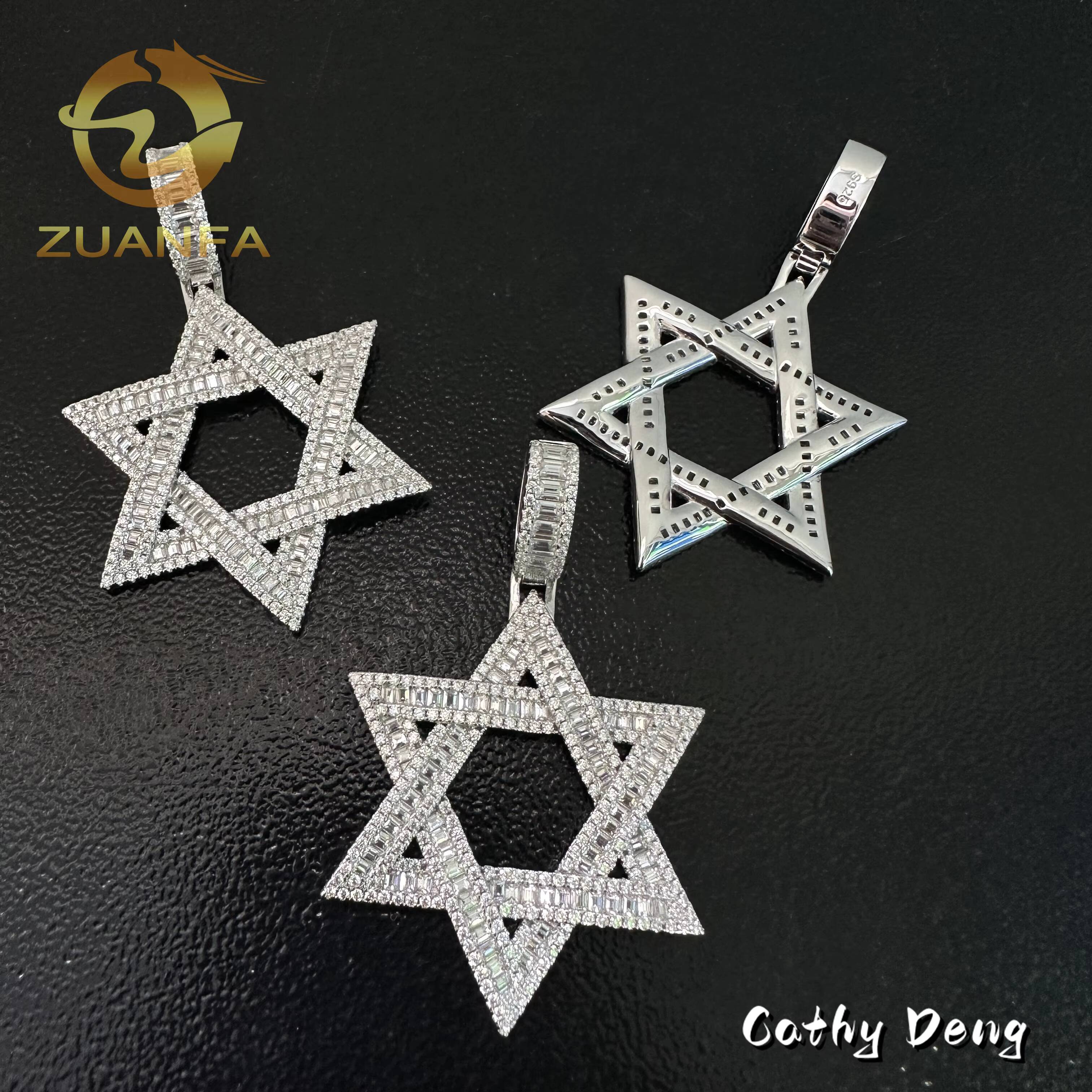 Ready to Ship Vvs Moissanite Hip Hop Jewelry Star Iced Out Pendant Sterling Silver 925 Moissanite Charm Pendant baguette Cut