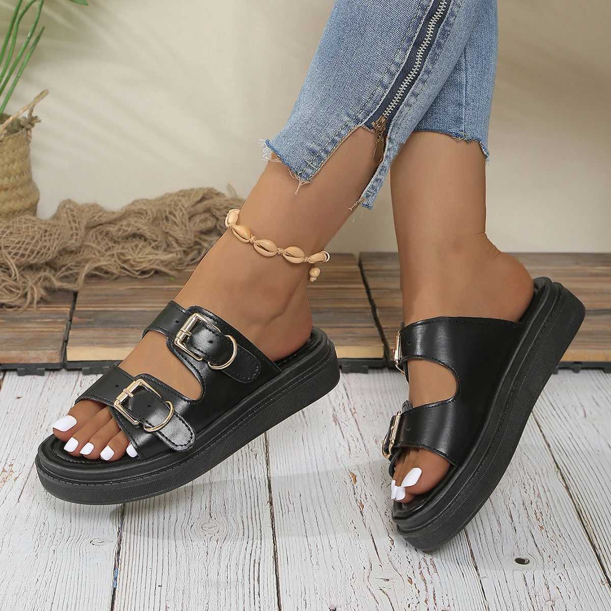 Casual Sandals Women Leather Metal Ankle Buckle Strap Summer Beach Ladies Low Heel Sport Shoes Handmade W250905