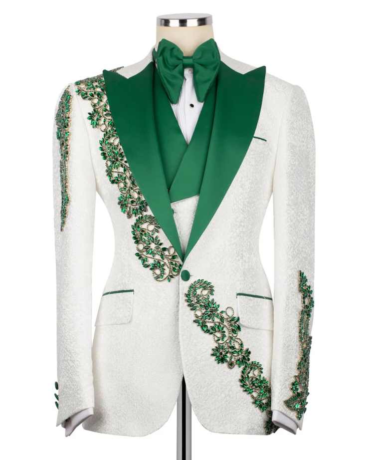 Luxury Men Suits 3 Pieces Customized Peaked Lapel Crystals Beading Pant Sets Jacquard Slim Fit Groom Wedding Tuxedos Wear