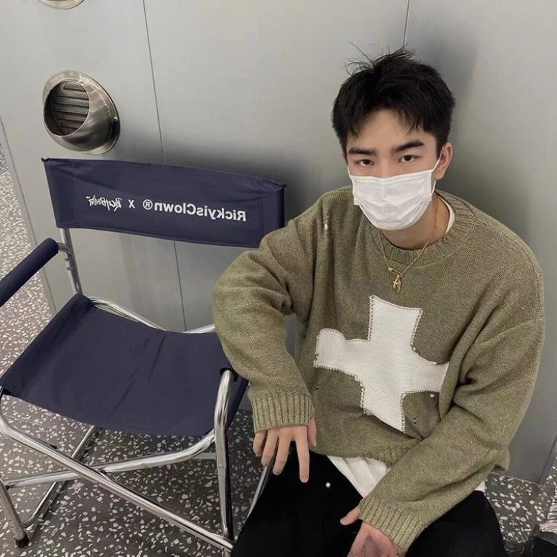 KAPITAL cross broken holes round neck knit sweater fall and winter retro pullover loose longsleeved 250905