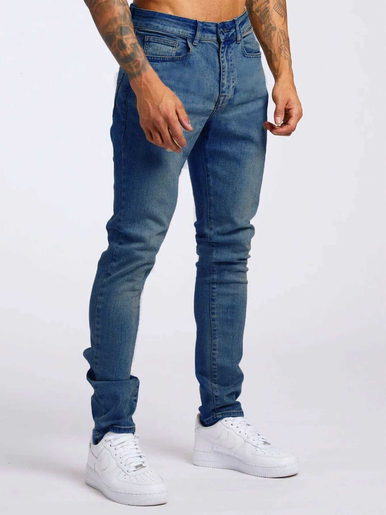 2025 New Solid Color Fashion Men Casual Pants Stretch Jeans Skinny Work Trousers Male Wash Slim Fit for Zippered Jeans Men Cloth W250905