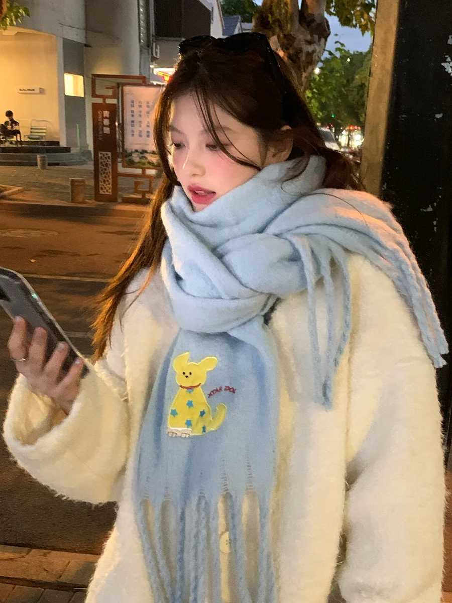 Janese Style Scarf Vintage Cartoon Cute Puppy Knitted Autumn And Winter Womens Warm Scarf Cold Protection Student Shl ScarfXJ250905