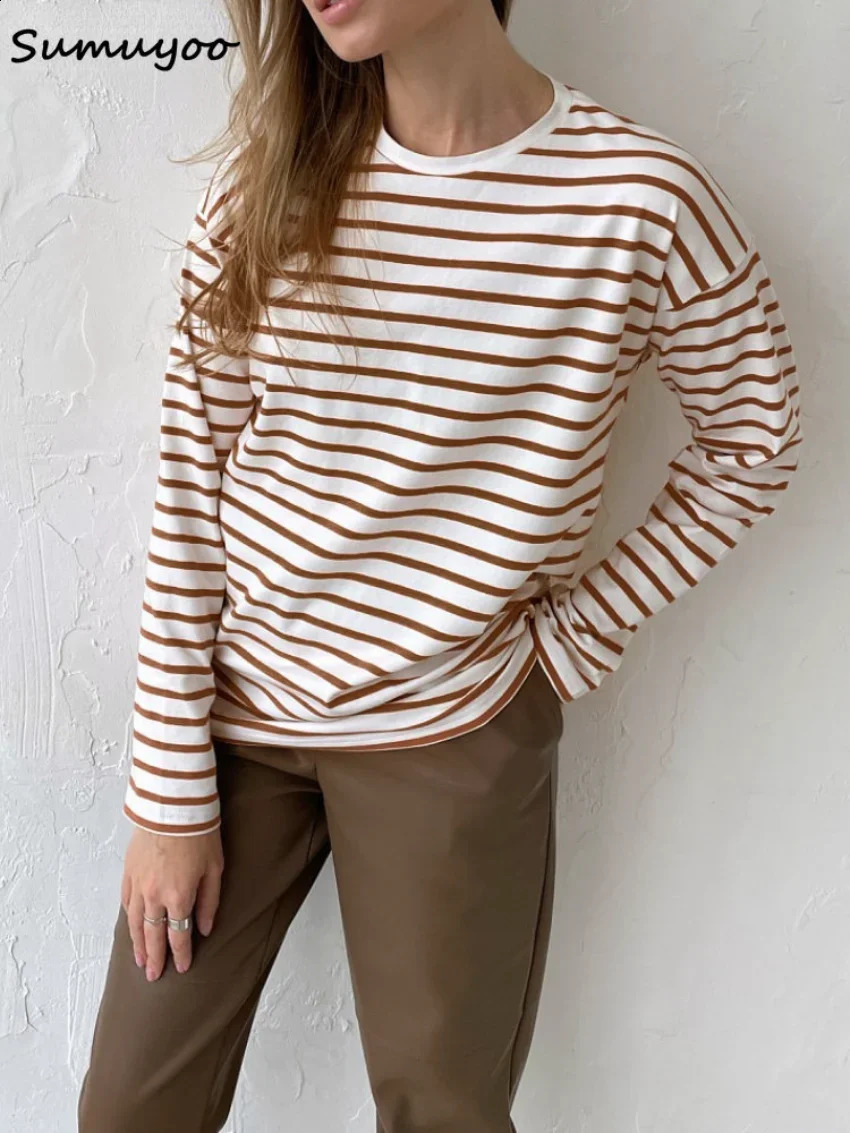 Sumuyoo Summer Long Sleeve Striped TShirts Women Basic Casual Tops Female Cozy Loose Cotton Tees Harajuku T Shirt 250905