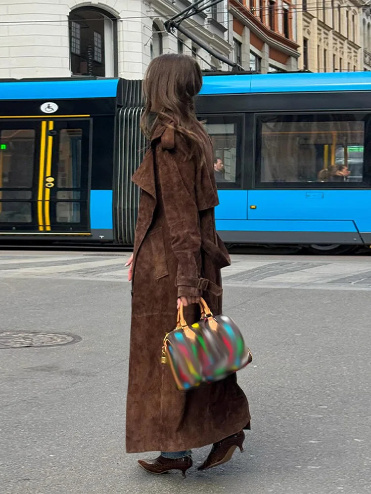 Vintage Suede Long Jacket Loose Lapel Double Breasted Belts Coats Female 2025 Autumn Winter Fashion Solid Thick Outwears 250905