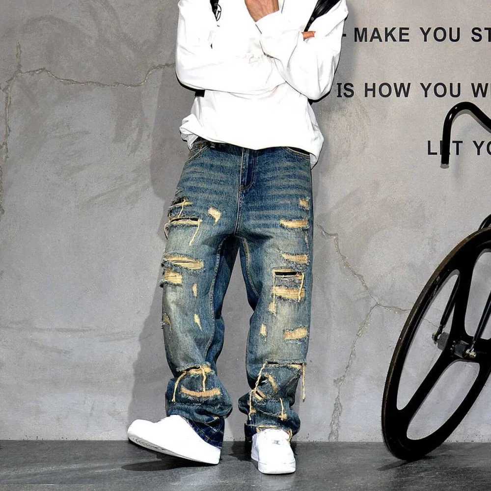 Mens Ripped Baggy Jeans Distressed Denim Streetwear Skateboard Pants Straight Leg Patchwork Oversized Urban Fashion Workwear W250905