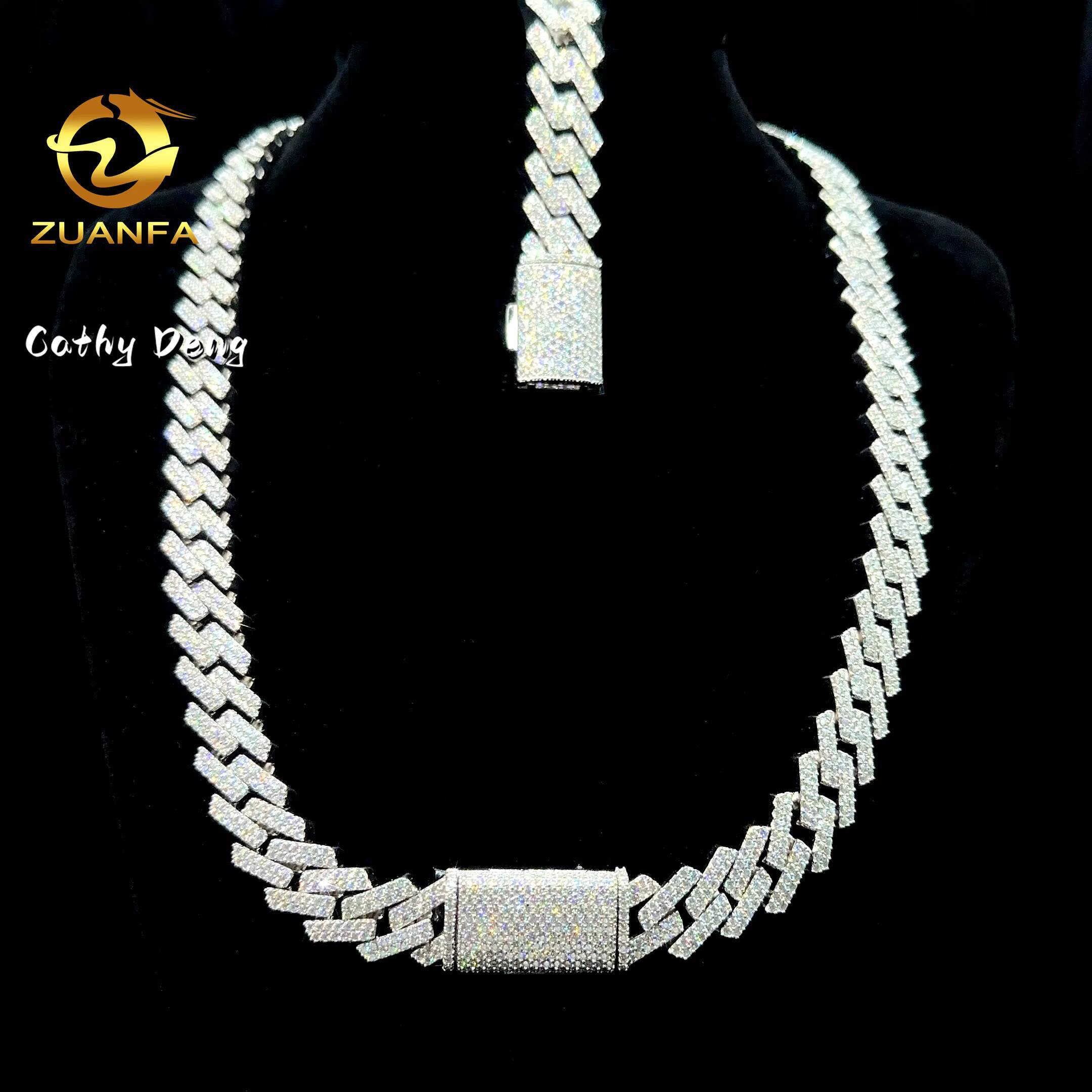 Wholesale 2 Row 15mm Round Cut Moissanite Cuban Chain Bling 925 Sterling Silver Iced Out Miami Cuban Link Chain Bracelet