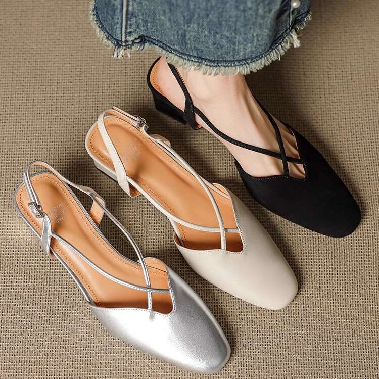 5cm Thick Genuine Leather Cross Strap Closed-Toe Sandals for Women Summer Elegant Backless Silver High Heel Mary Jane Shoes