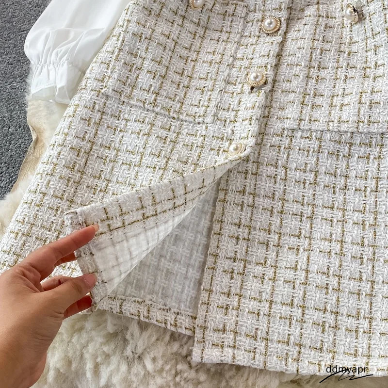 Elegant Chiffon Shirt Tweed Dress Sets Women Long Sleeve Lace Up Bow Shirts Vintage Sling Plaid Dresses Ddmydec Suits Oiffice Lady Y2k 240824