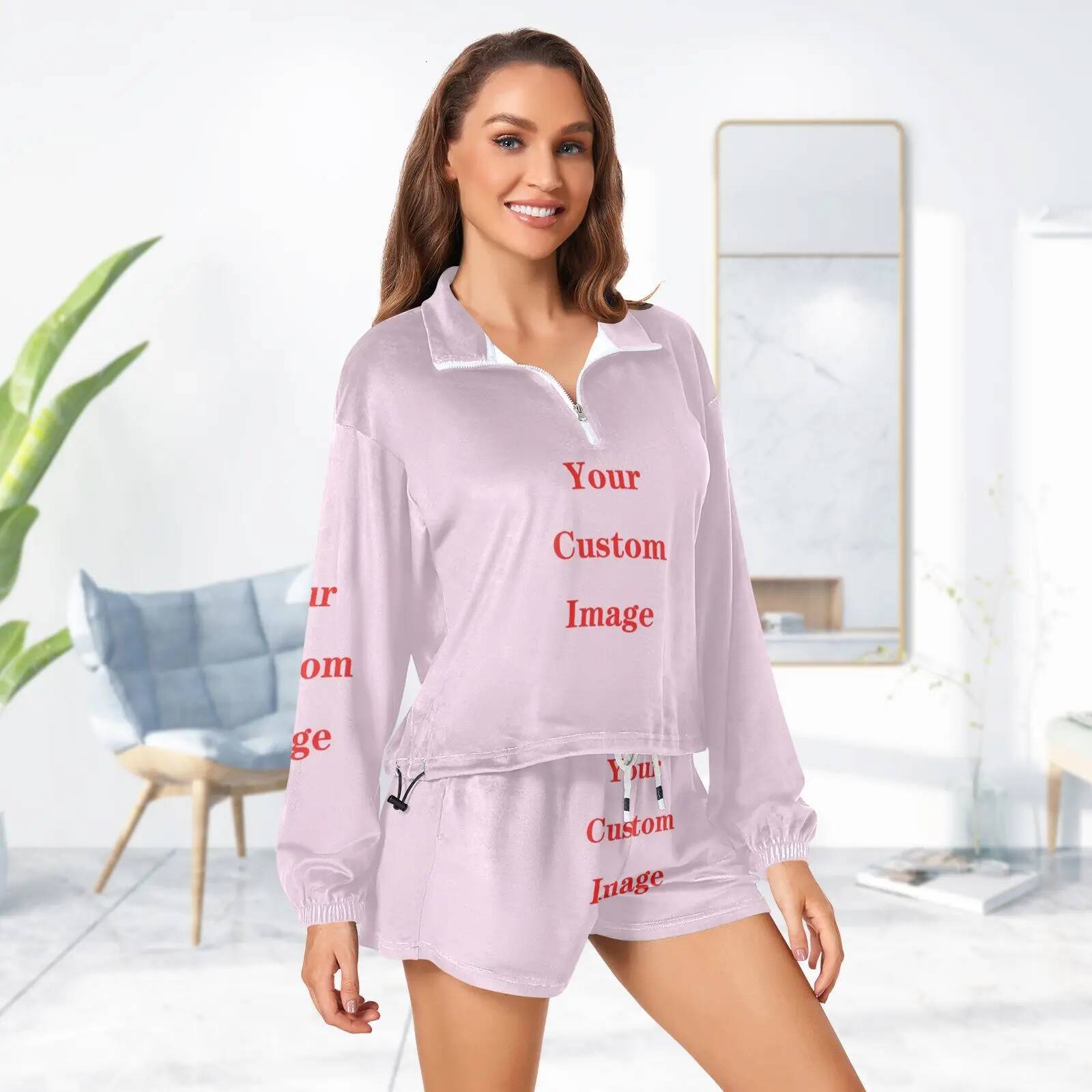 New Fashion Sporty Sweatsuits Ladies Two piece Zippered Cropped Hoodie and Shorts Suit Sportswear for Women Customized image
