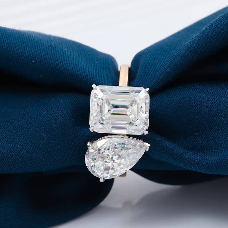Double Stone Moissanite Ring 18K Yellow Gold Jewelry Ring Pear and Octangle Cut Moissanite Diamond Ring