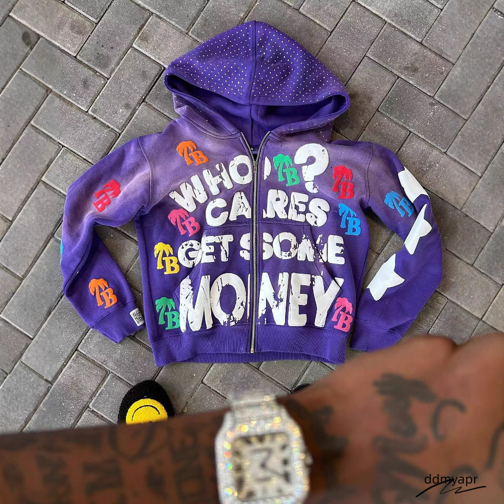 ddmyday Men's Casual Hooded Sweatshirt: Trendy American Alphabet Pattern, Loose Fit, Retro Zipper Jacket Top ddmyday ddmyday