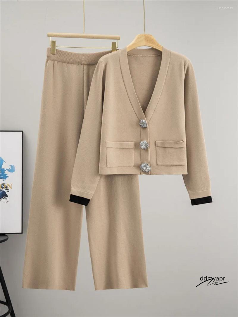 Women's Two Piece Pants Korean Design Knitted 2 Sets Women Big Button V-Neck Long Sleeve Cardigan Tops Conjuntos High Waist Wide ddmydec Leg Outf