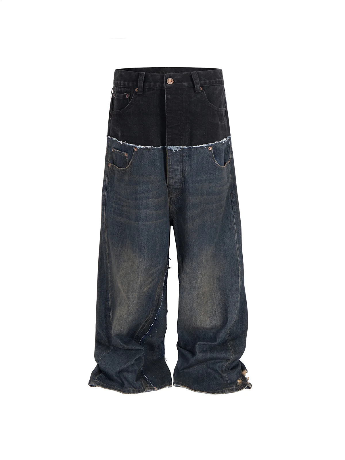 MIJKO Mens Cotton Casual Black Blue Loose Straight Jean CUTUP Pants 250823