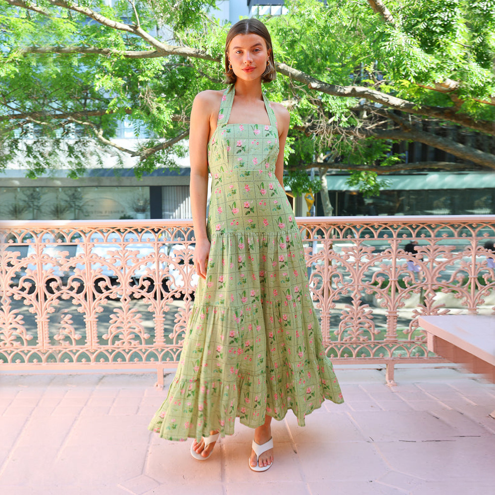 2025 Sweet Temperament Printed Sleeveless Halter Dress Feminine Large Backless Aline Long Dress