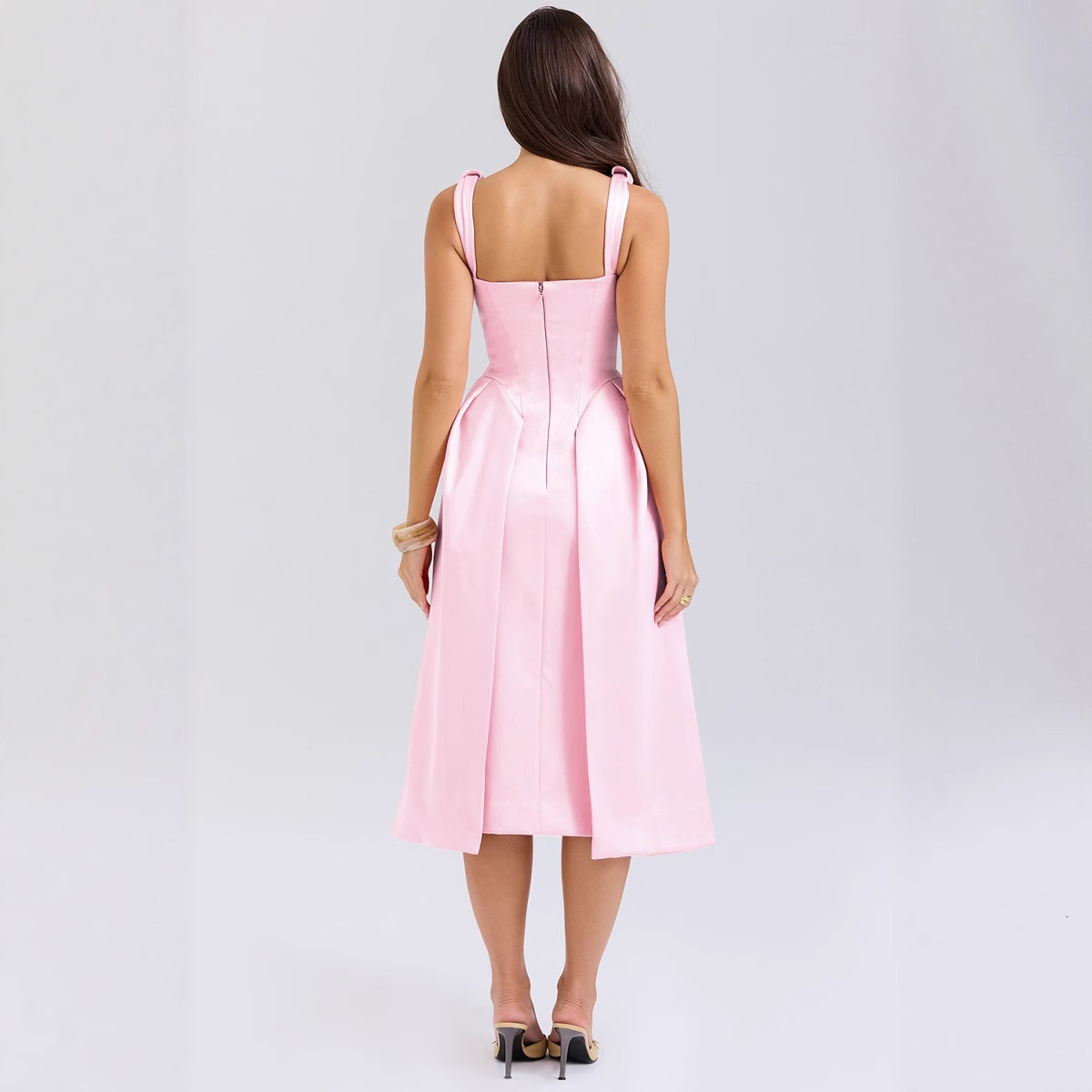 2025 Summer New Slim Fit Strap Long Dress Fashion Solid Color Vneck Elegant Dress