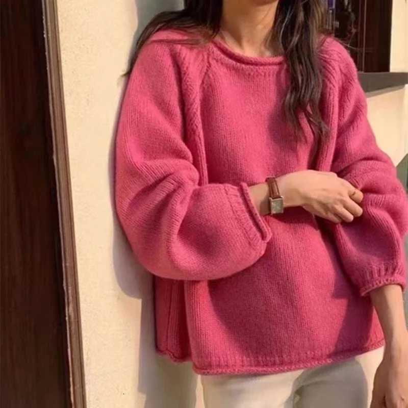 Autumnwinter New Loose Solid Color Knitted Base Top Casual Long Sleeved ONeck Sweater Sweet Lantern Sleeve Womens Sweater Z250905