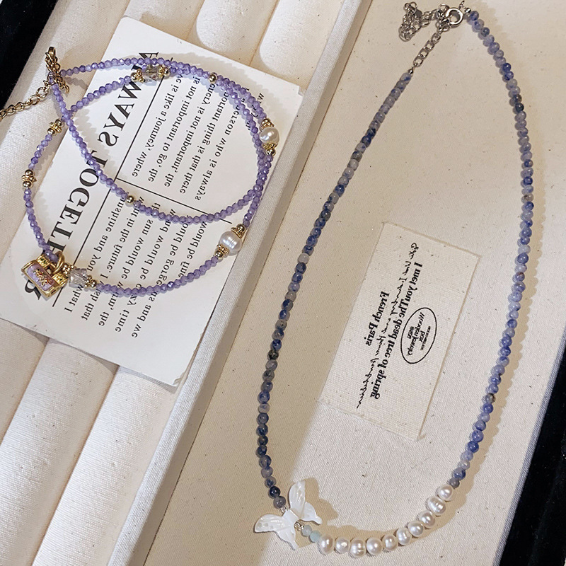 Purple Beaded Necklace With Baroque Pearl & Gold Tone Lock Pendant French Romantic Style Daily & Elegant Wear Gift For Her Delicate Jewelry