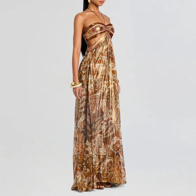 Women Hanging Neck Sleeveless Waist Maxi Dress Sexy Floral Print Hollow Out Backless Holiday Dress Lady Chic Evening Gown 250905
