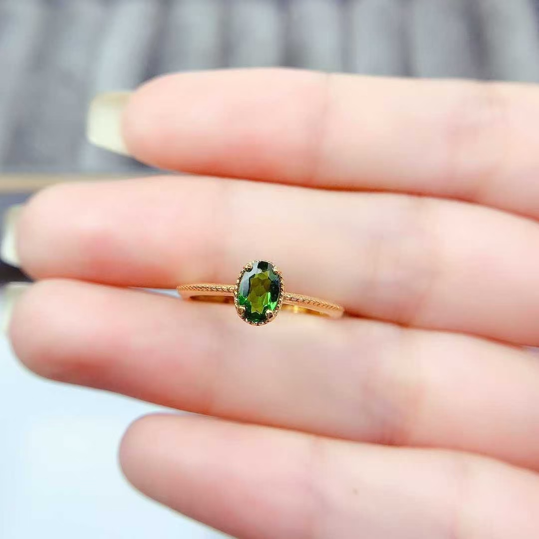 Simple 925 silver ring natural chrome diopside ring with certificate 18K gold plated sterling silver diopside jewelry