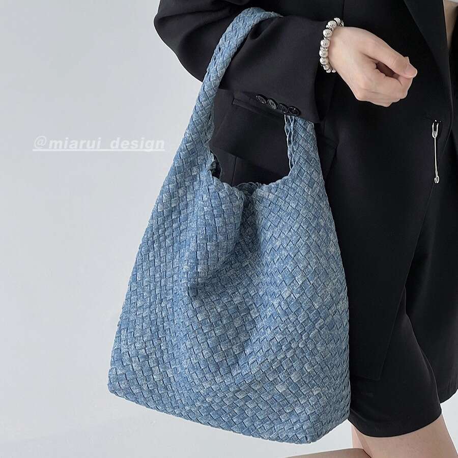 Snowflake Woven Large Capacity Shoulder Tie-Dye Denim Tote 2024 New Women's Bag
