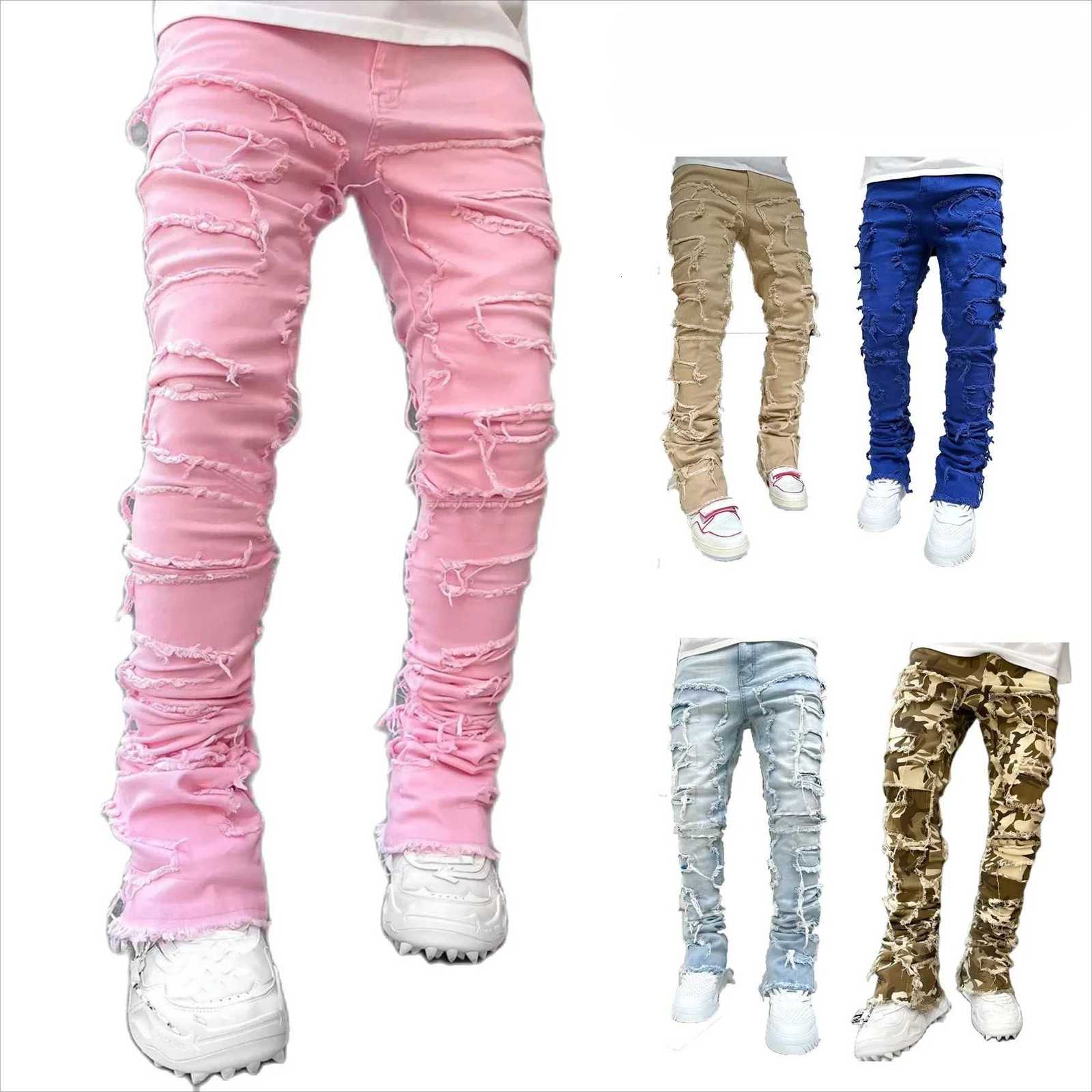 New Mens Fashion Jeans Work Pants European and American Fashion Workwear Elastic Patchwork Denim Layered Flared Pants SXXL W250905