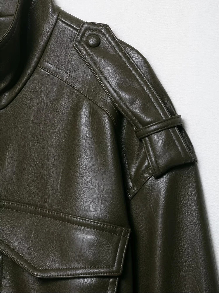 Women Faux PU Leather Short Jacket Casual Chic Stand Collar Slim Fit Cropped High Street Pocket Motorcycle Coat 250905