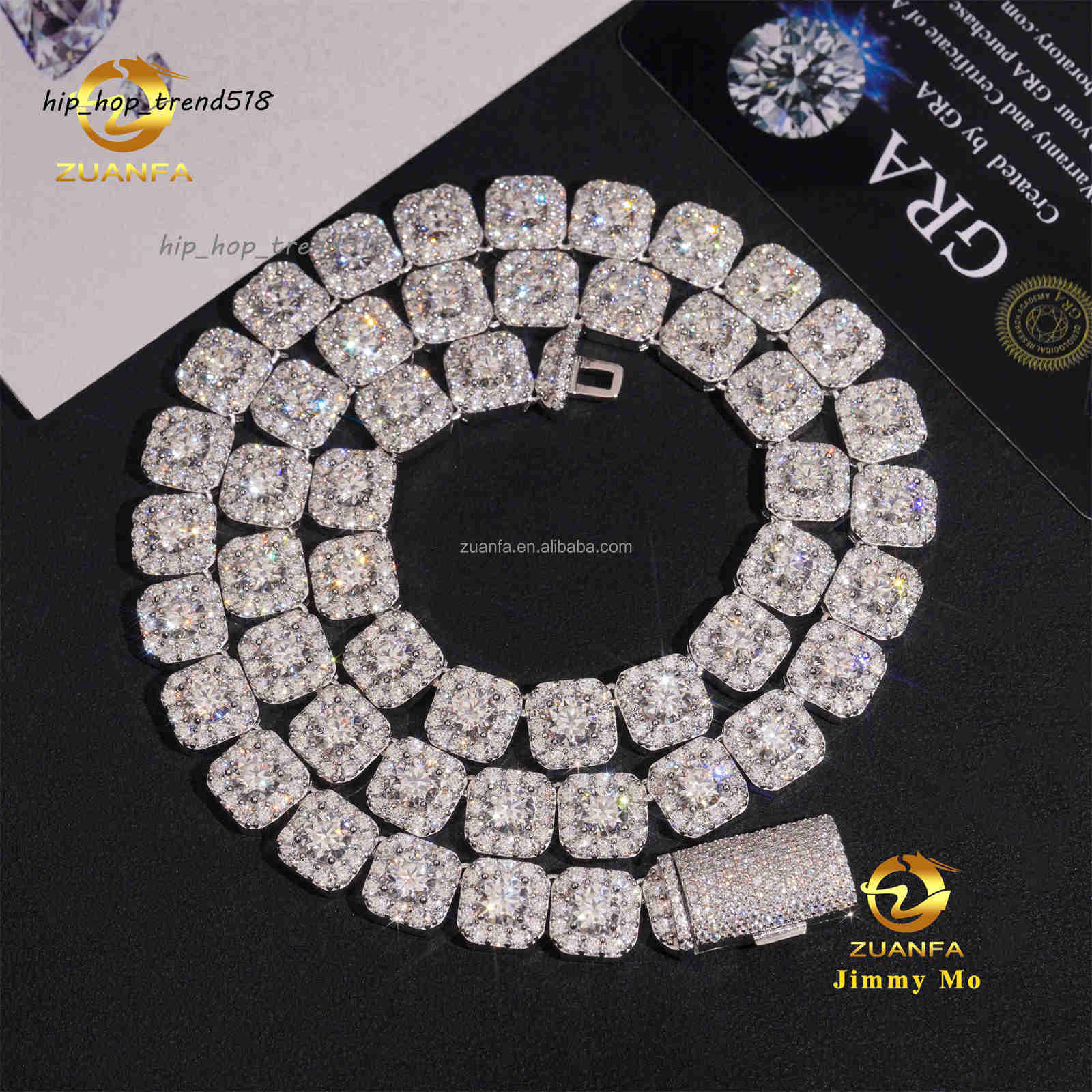 New Arrivals 10mm Hip Hop Style Luxury Jewelry Iced Out 925 Solid Silver Rhodium Plated VVS1 Moissanite Cluster Tennis Chain Men