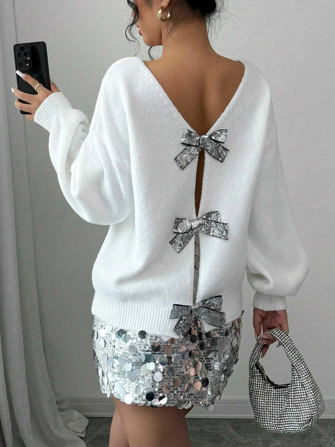 Autumn and Winter New Fashion Woman Sweater Sequined Bow Trim Loose Long Sleeve Niche Knit Cardigan Z250905