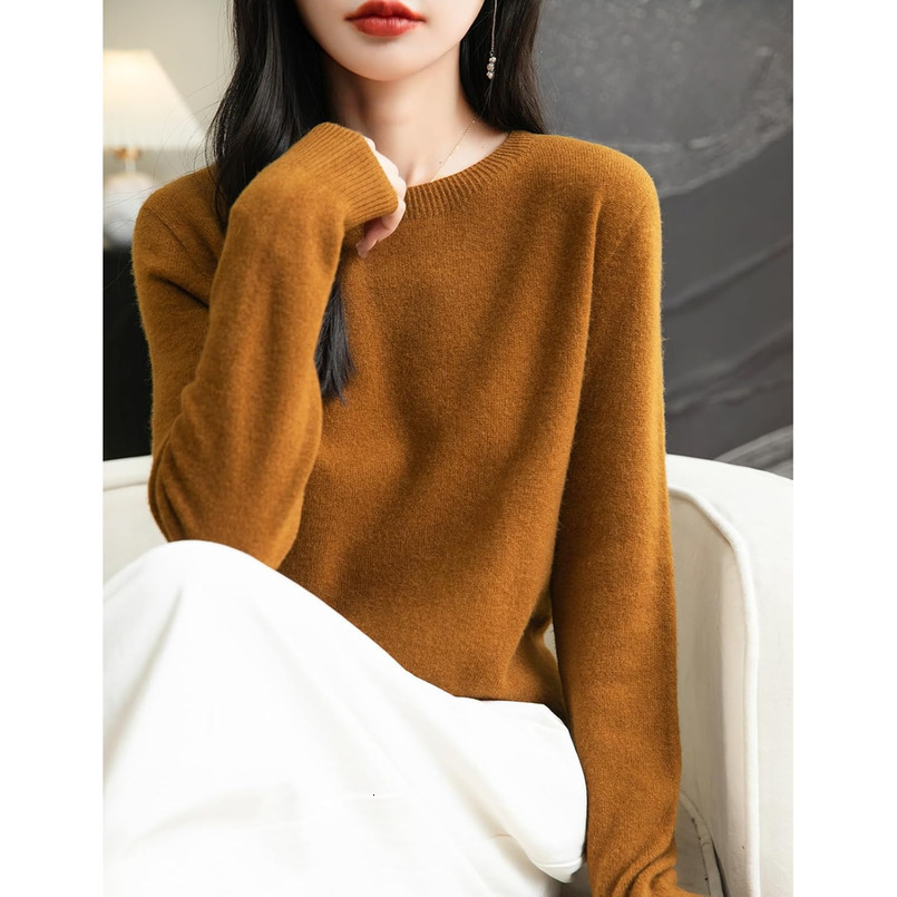 Women's 100% Merino Wool 2025 Fall Winter First-Line Ready to Wear Long Sleeve Seamless Knit Crewneck Sweater