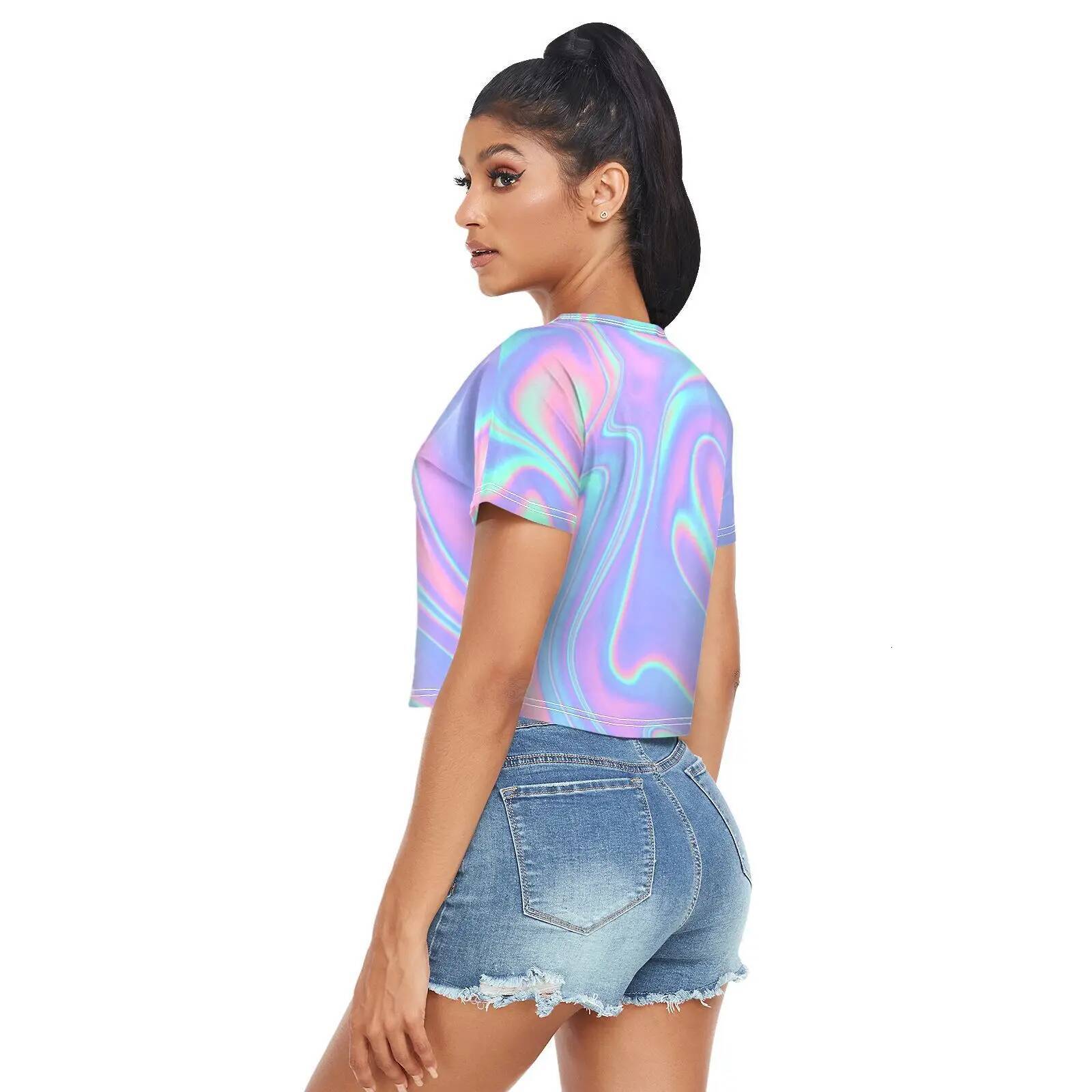 Open Navel High Waist Short Sleeve T-shirt Rainbow Holographic Swirl Tie Dye Round Neck Pullover Summer For sexy women
