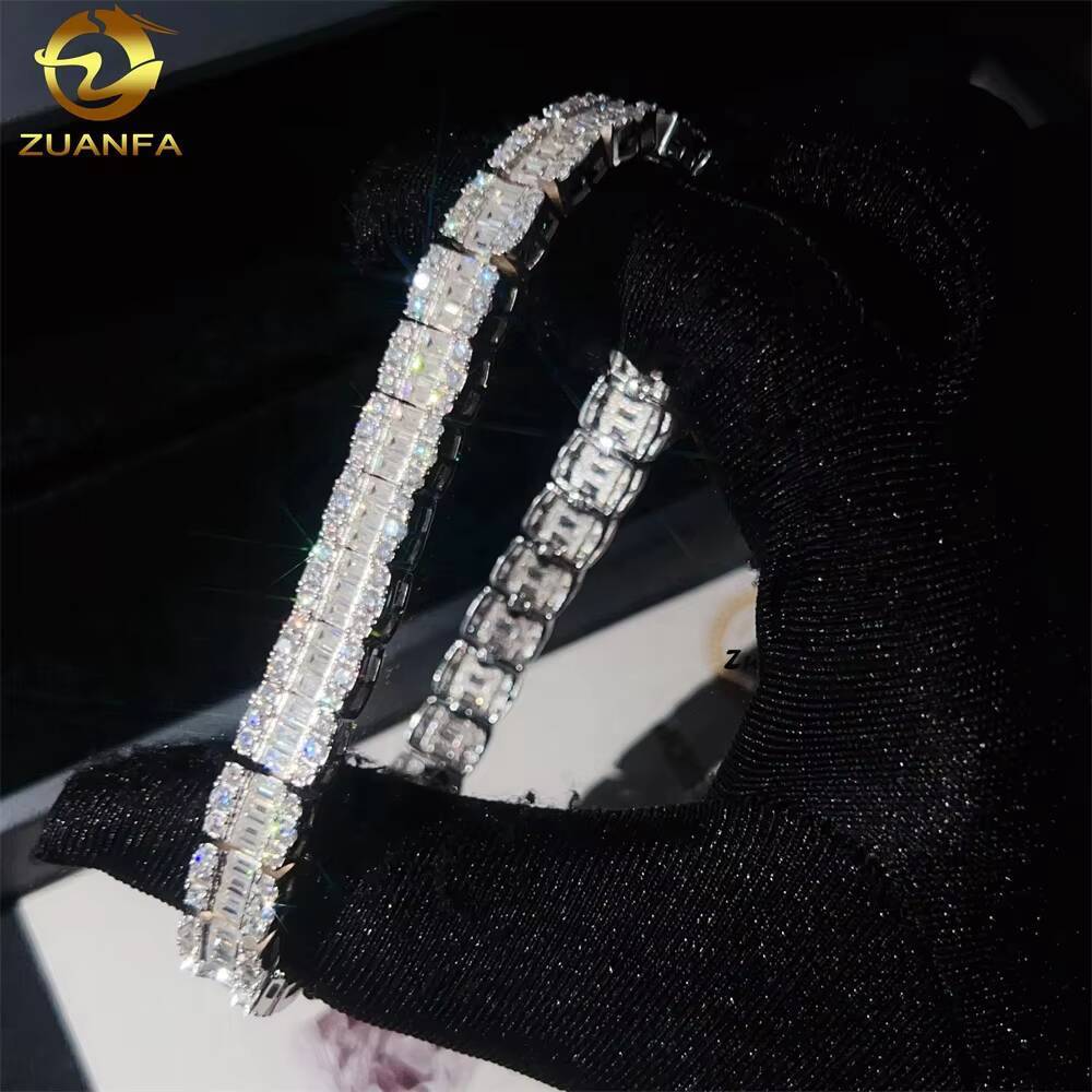 Fashion Popular Baguette Design 925 Silver 8mm Width Iced Out D Color VVS Moissanite Cuban Link Bracelet