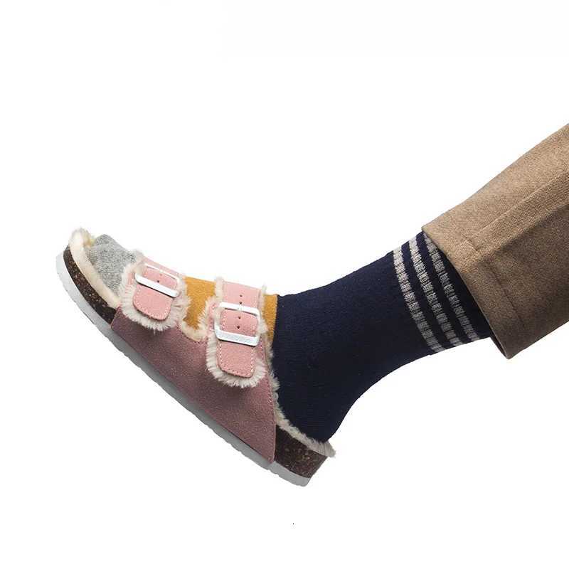 44 45 big size wool fur cork slippers women double buckle band long plush winter slides furry outdoor footwear flip flops women W250905