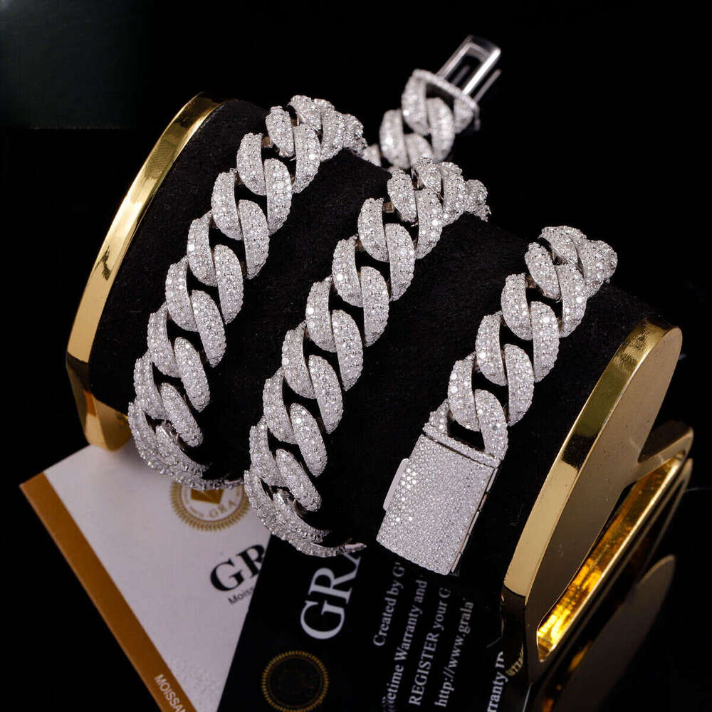 Large Middle 14/16/18MM Wide Iced Out 3 Rows Cuban Link Gold Plated Sier VVS Moissanite Hip Hop Chains