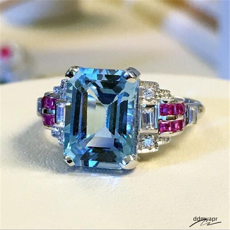 Size 6-10 Top Sell Jewelry Sterling Sier Aquamarine CZ Ddmydec Dia Gemstones Ruby Party Women Wedding Engagement Band Ring Gift
