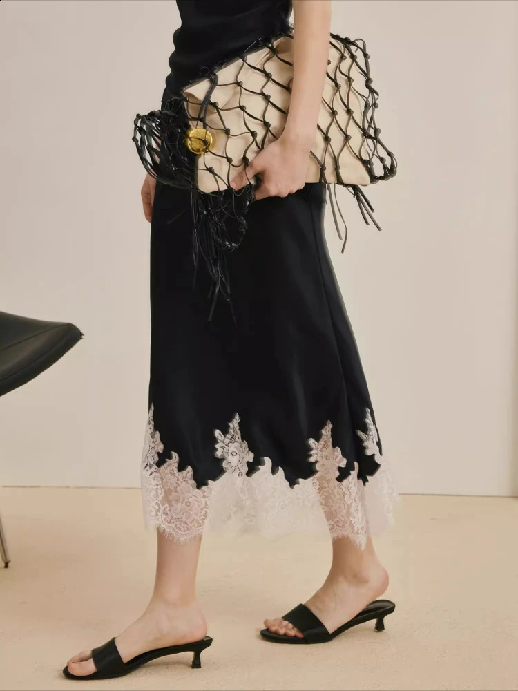 Summer Lace Patchwork Satin Midi Skirt HighQuality Elegant for Women Daily Office Vacation Wear 250905