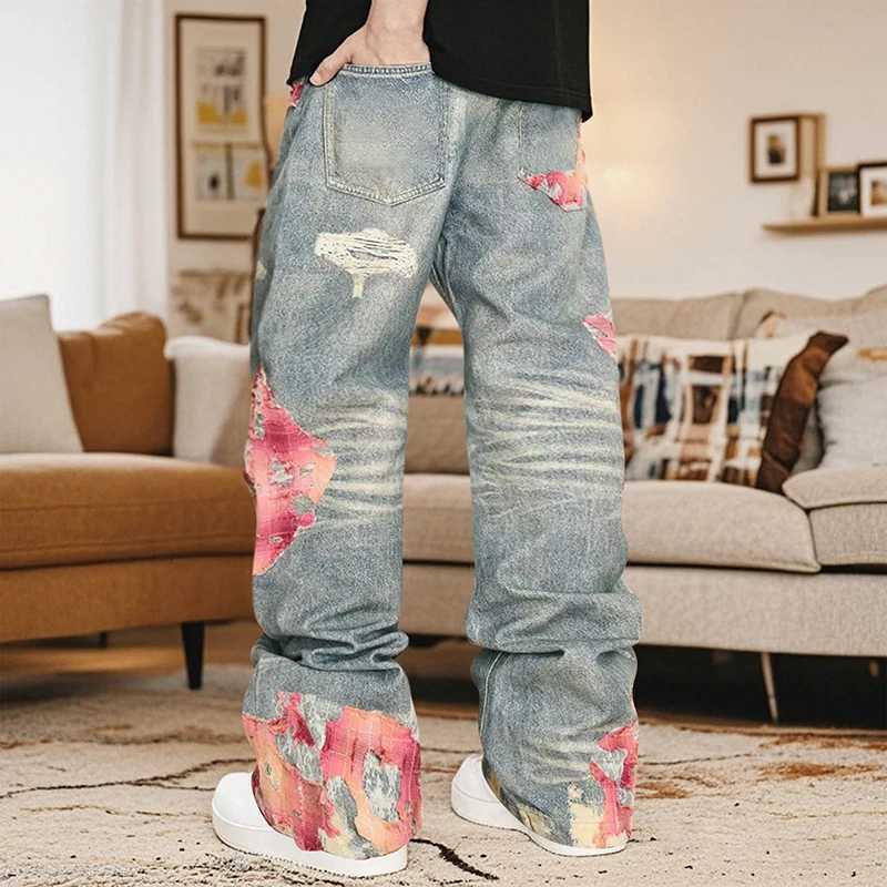Men s Distressed Patchwork Denim Jeans with Pockets for Spring and Fall Fashion Casual Wear W250905
