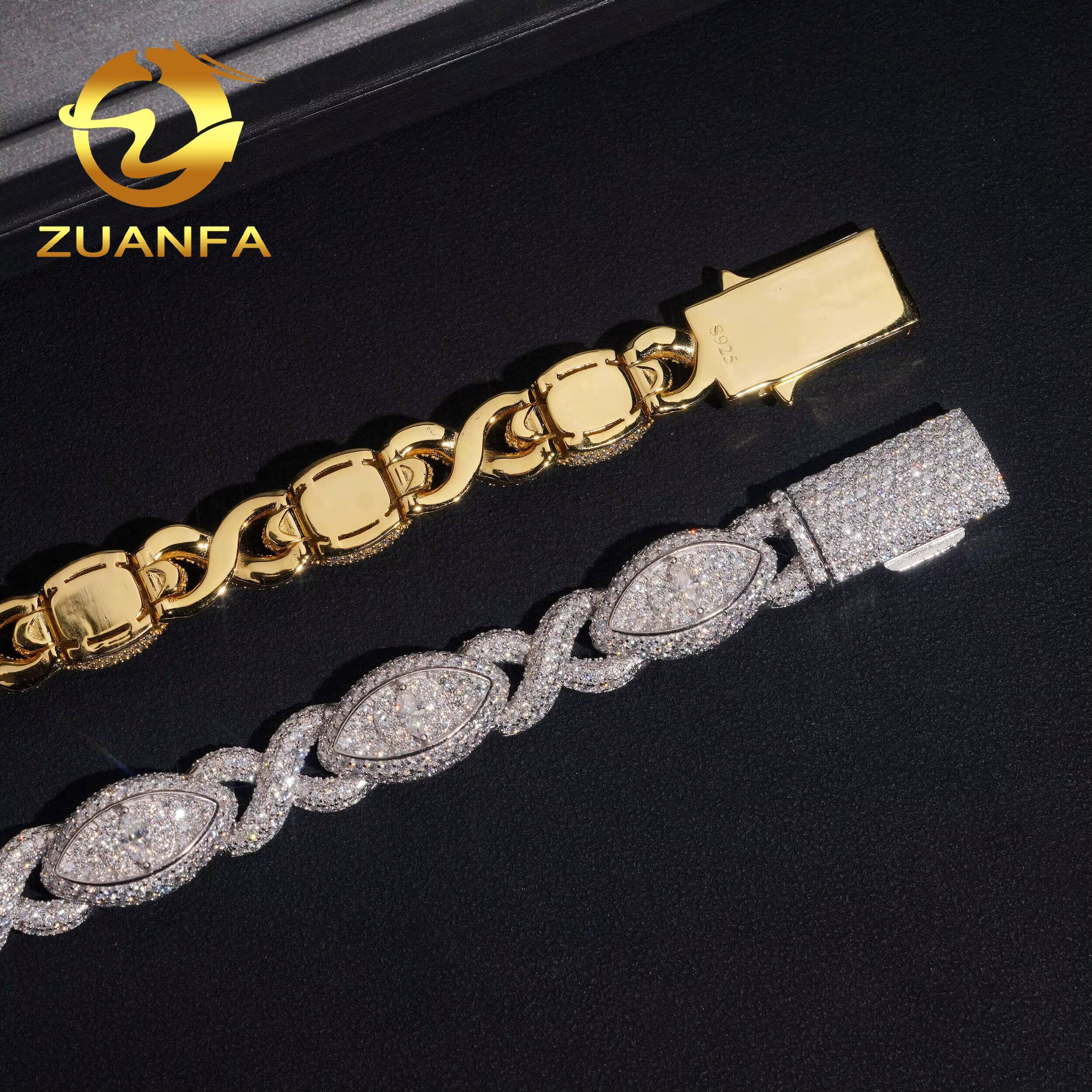 Pass Diamond Tester Hip Hop Style 925 Silver Moissanite Iced Out Marquise Eye Cuban Link Infinity Bracelet