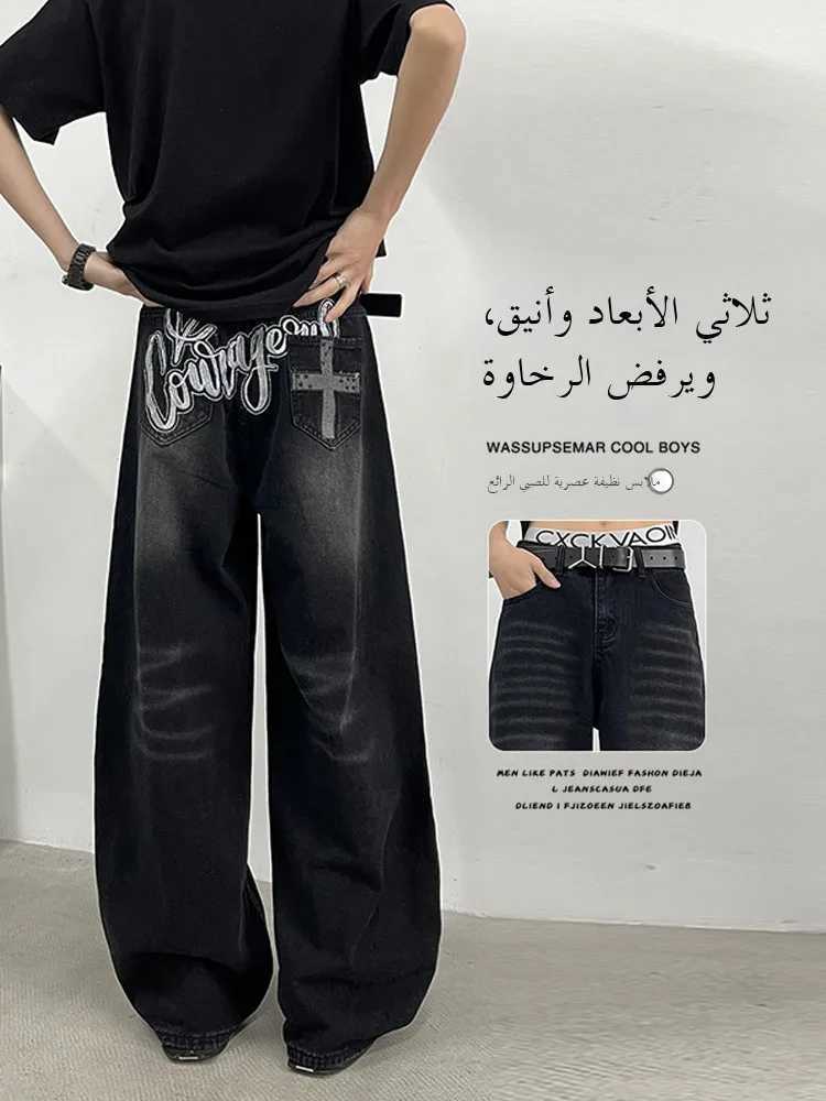 Bla Casual Straight Leg Jeans Men Summer American High Street Letter Embroidery Loose Waed Wide Leg Pants Knife W250905