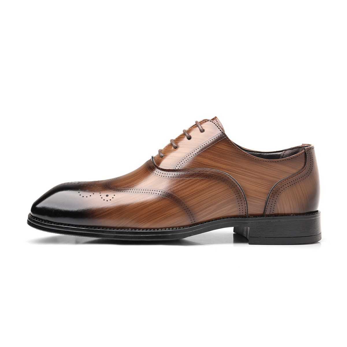 HPIOPL Quality 5505 Imitation Wood Grain Brogue Square Toe Shoes New Leather Shoes