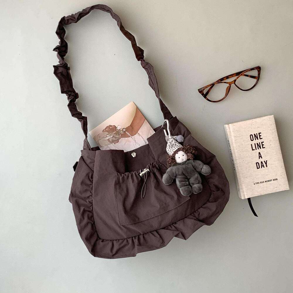 Lace Ruched Cute Casual Daily Commute Solid Color Nylon Fashion New Student Shoulder Bag for Women