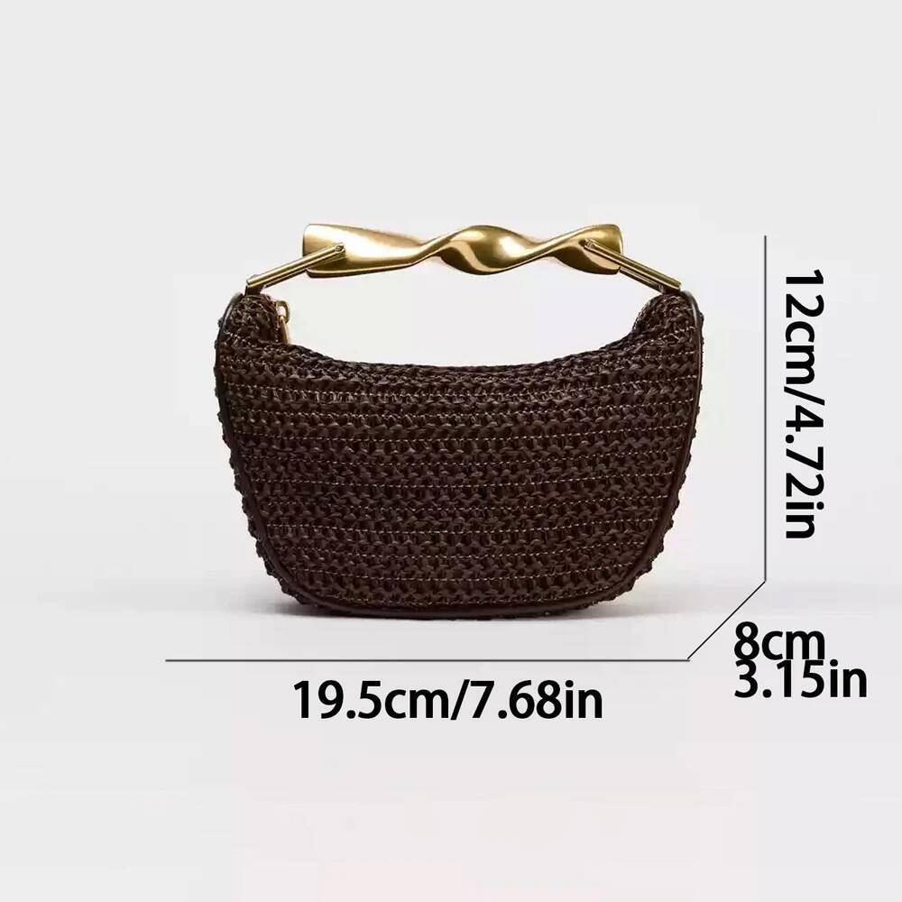 Metal Handle Straw Bags for Women Half Moon Rattan Woven Chain Shoulder Bohemian Travel Beach Bag Designer Crossbody Handbag