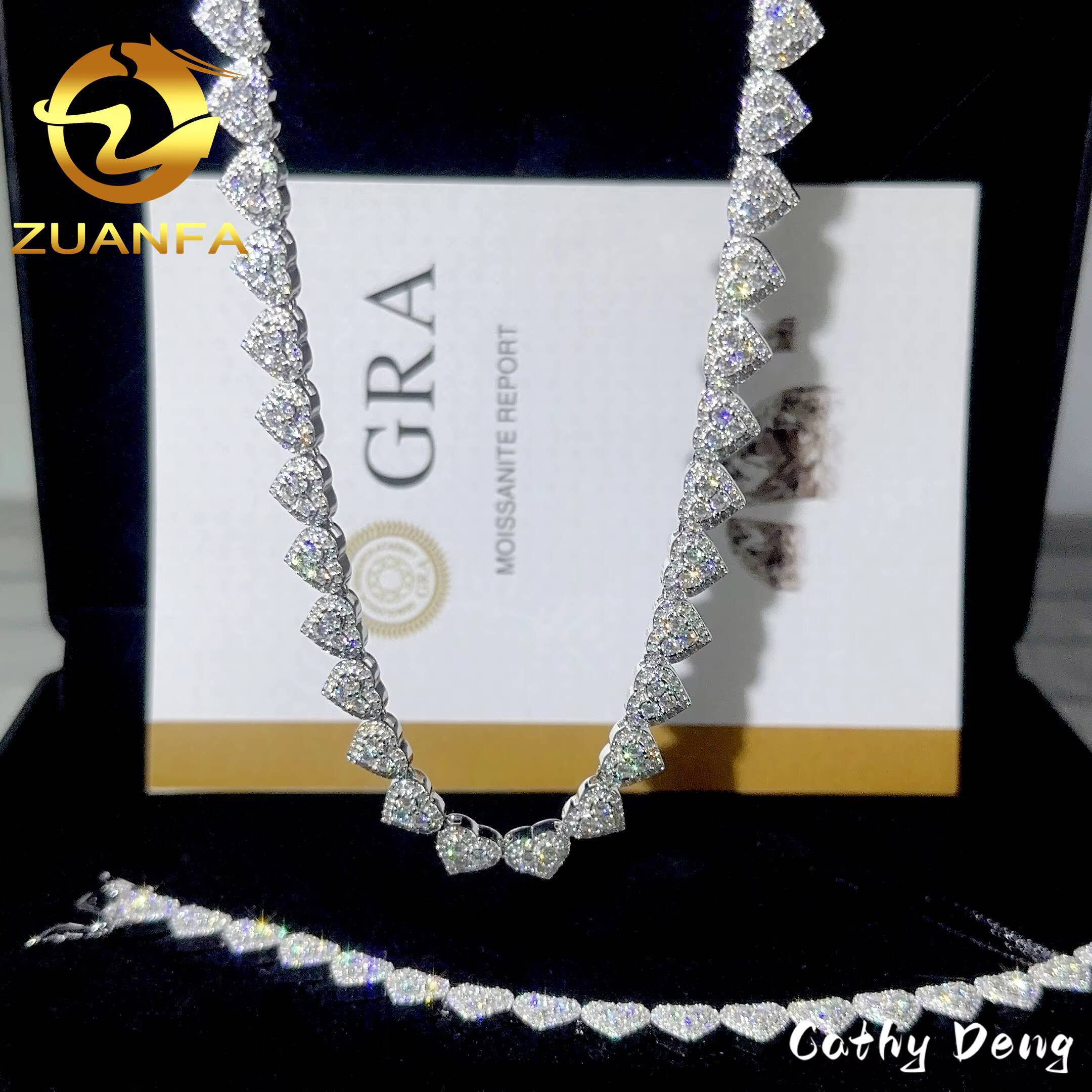 Hot Sale 925 Sterling Silver 8mm Moissanite Heart Design Women Men Fashion Hip Hop Iced Out Cuban Link Chain Bracelet Set