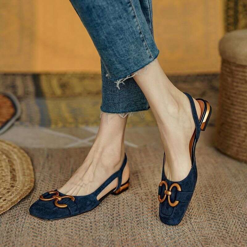 Women's 2024 Summer New Back Air Single Shoes French Low Heel Breathable Large Size Sandals With Horse Titles Buckle